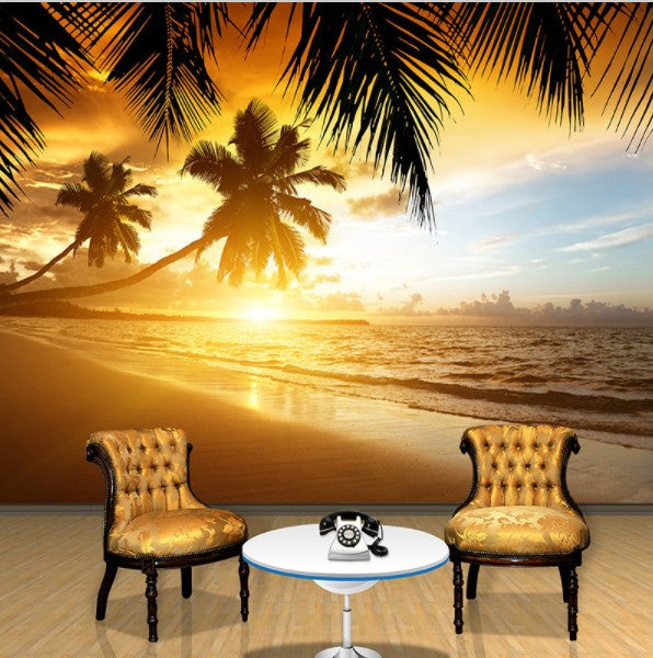 BROLEO Sea Beach Wallpaper, Sky Sunset Wall Mural, 3D Print Peel